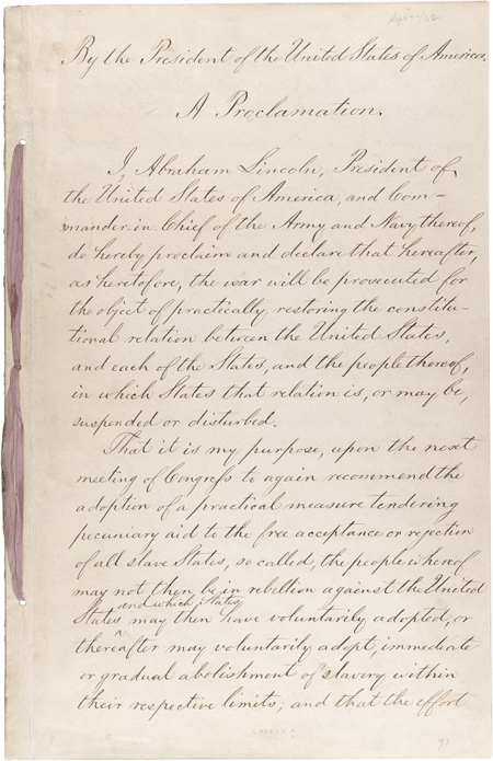 Preliminary Emancipation Proclamation on Display