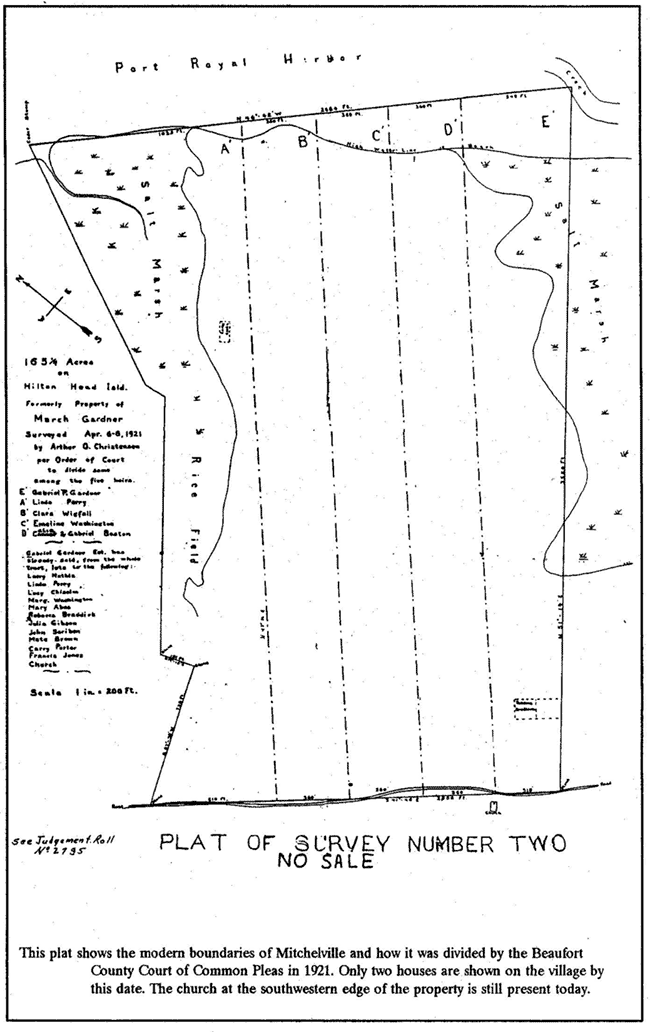 This play shows the modern boundaries of Mitchelville and how it was divided by the Beaufort County Court of Common Pleas in 1921.  Only two houses are shown on the village by this date.  The church at the southwestern edge of the property is still present today.
