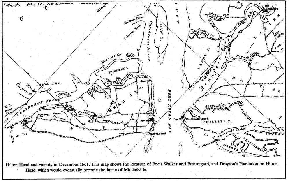 Hilton Head in December 1861 - Locations of Forts Walker and Beauregard, and Drayton's Plantation on Hilton Head, which would eventually become Mitchelville