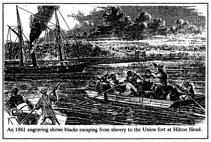 An 1861 Engraving shows blacks escaping from slavery to the Union fort at Hilton Head