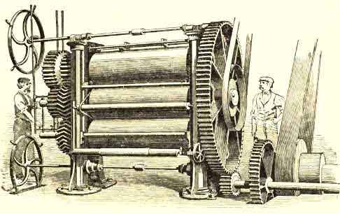 Calendars heated internally by Steam, for spreading India Rubber into Sheets or upon Cloth, called the Chaffee Machine