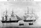 USS Susquehanna (1850-1883) (left) 
    and 
    USS Congress (1842-1862) 
 
    Oil painting, probably by DeSimone, depicting the ships at Naples
    in 1857. 
    Note local rowing craft in the foreground. 
 
    Courtes